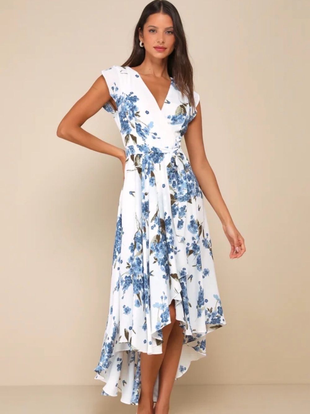 Blue Floral Wrap High-Low Dress by